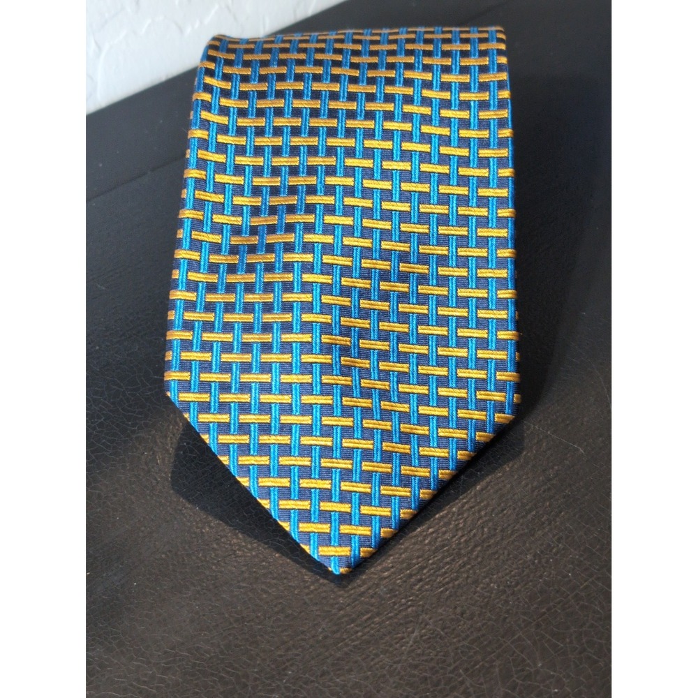 Nordstrom Silk Tie Blue And Gold Geometric Patterned Print Made in the USA